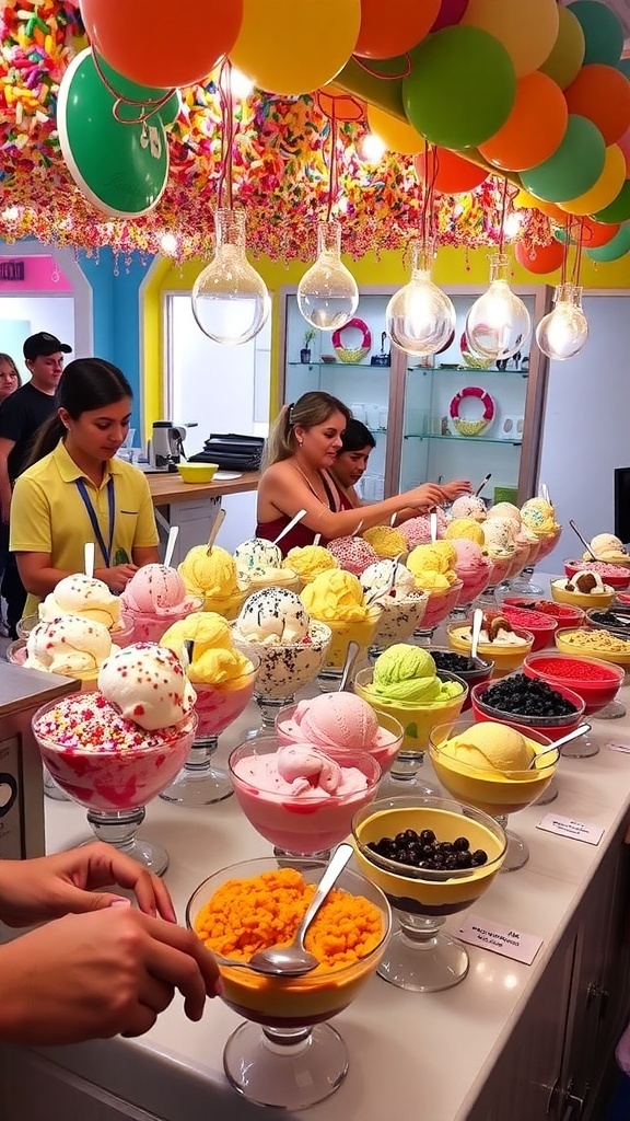 A DIY ice cream bar with bowls of ice cream and a variety of toppings.